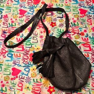 Shimmering Leather Black Tassel Bucket Bag